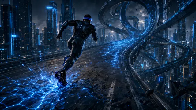 Runner charging along an elevated freeway toward impossible looping architecture wrapped in glowing blue energy.