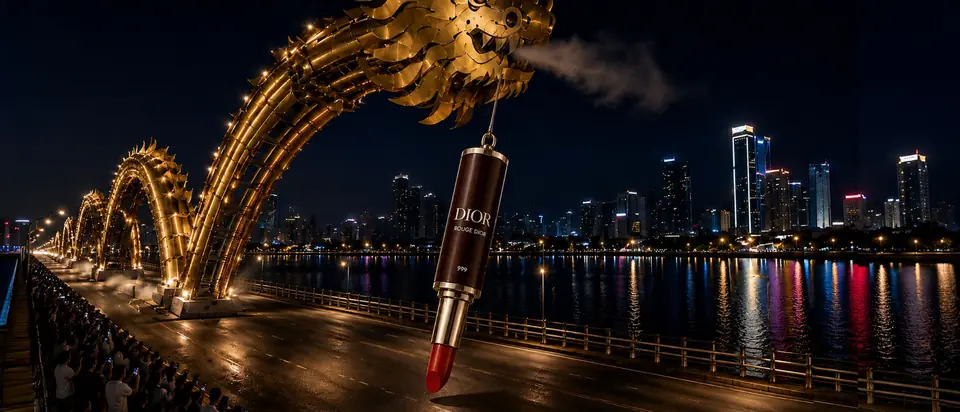 Wide nighttime view of Rouge Dior 999 suspended from Da Nang's Dragon Bridge
