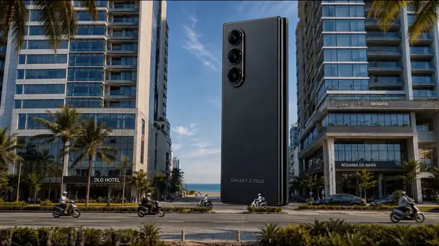 Closed Galaxy Z Fold towering between high-rise buildings on a coastal city street with passing traffic.