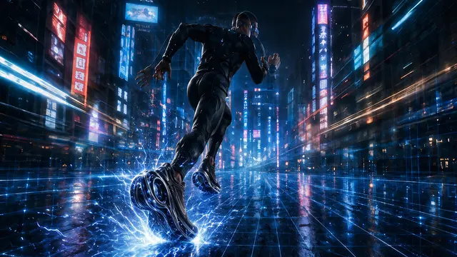 Runner sprinting through a rain-slicked neon city street as blue energy surges from the shoe sole.