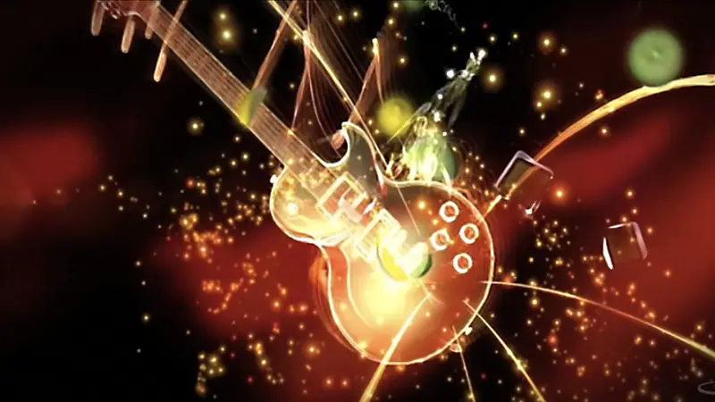 Electric guitar surrounded by golden light trails