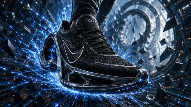 Extreme close-up of the imagined Nike performance shoe with a chrome sculpted sole crackling with blue energy.