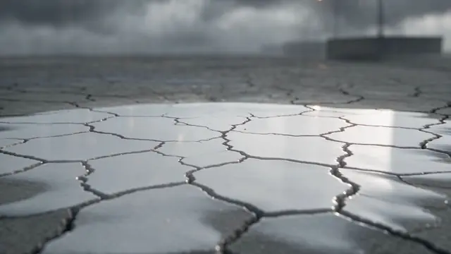 Hydrating liquid spreading through cracks across a dry stone surface.