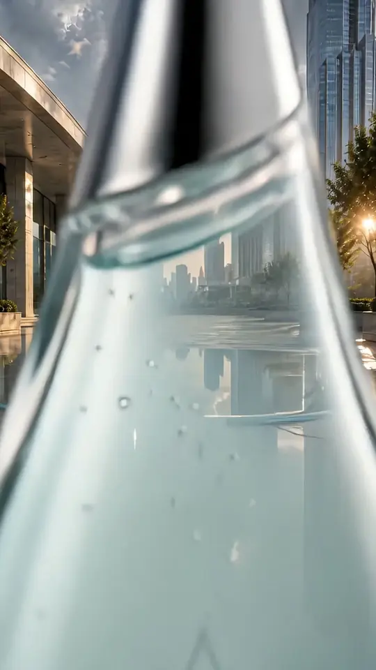 Extreme close view through the glass serum bottle reflecting a sunlit city plaza