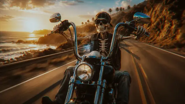 Head-on view of the skeletal rider centered on wide handlebars as the coastline blurs past.