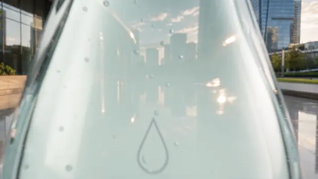 Extreme close view through the glass serum bottle reflecting a sunlit city plaza.
