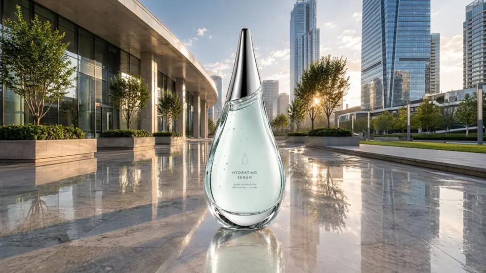 DROP Hydration serum bottle standing on a reflective plaza with the city skyline behind it