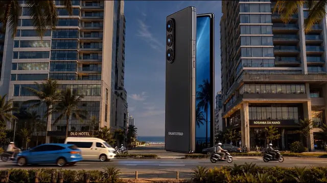 Rear three-quarter view of the Galaxy Z Fold at building scale as it begins to open, revealing a glowing screen edge.