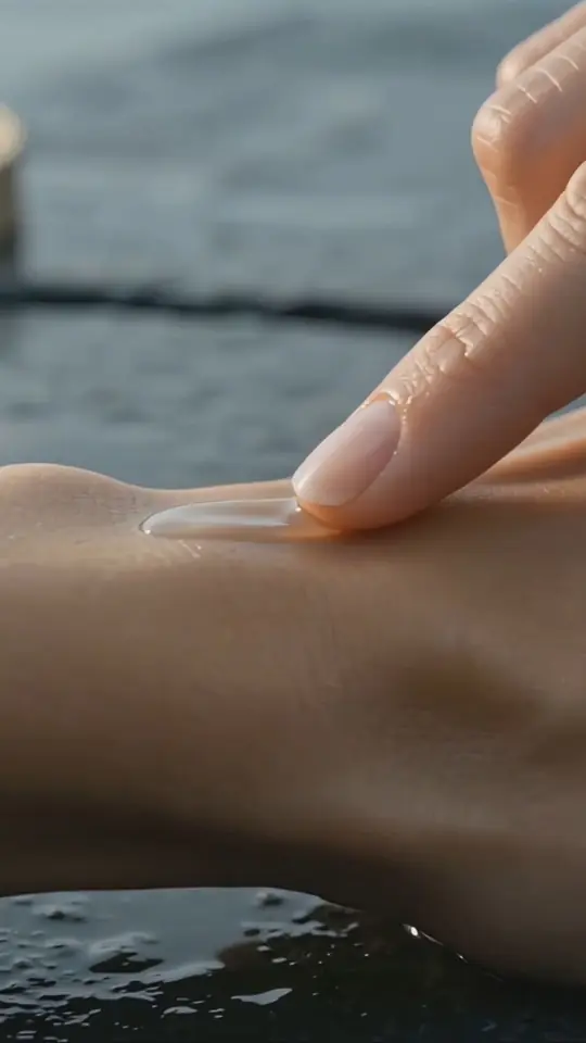 Finger sweeping a streak of Solara Tidal Moisture cream across skin by the water