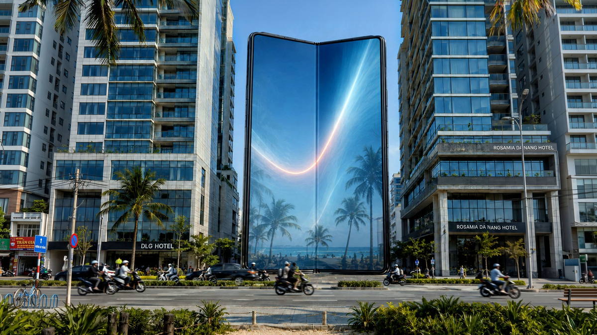 Giant open foldable smartphone standing in a sunlit coastal city street