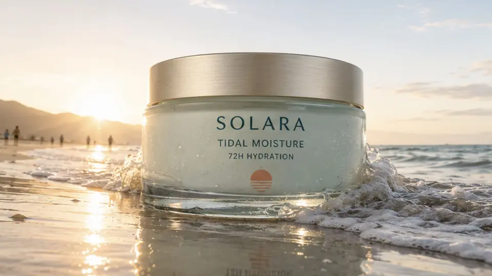 Solara Tidal Moisture jar on a sunlit shoreline as a wave washes around it