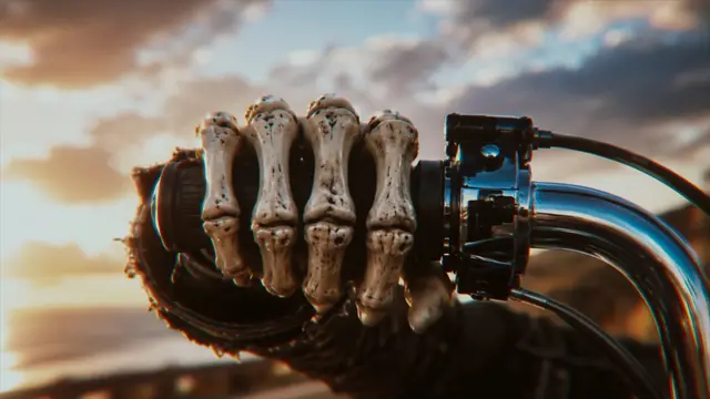 Extreme close-up of the skeletal rider's bony hand gripping the handlebar against a sunset sky.