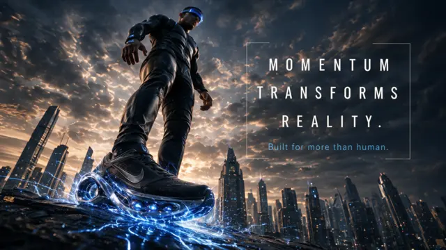 Low-angle hero shot of the runner towering over the city with the tagline Momentum Transforms Reality.