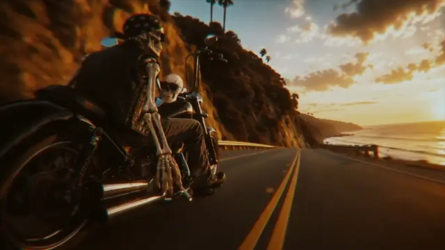 Side view of skeletal riders on a chopper cruising a cliffside coastal highway at sunset.