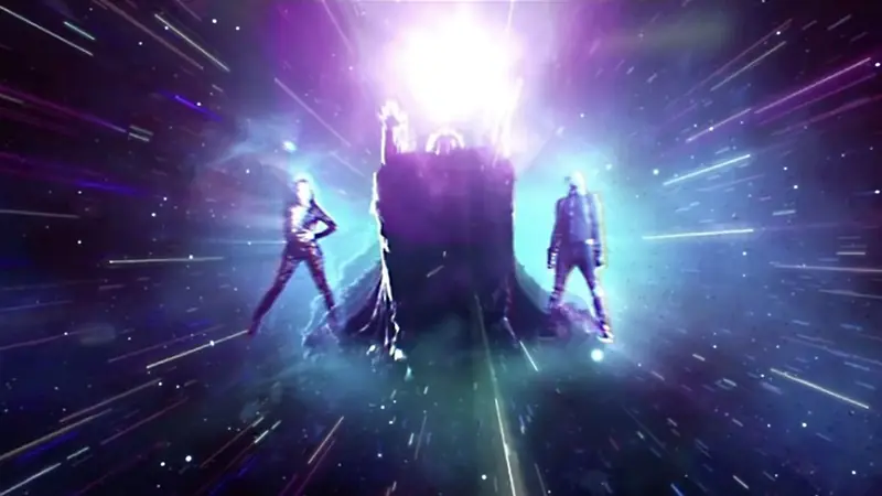 Figures emerging through a luminous cosmic portal