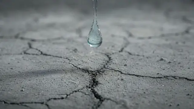 A suspended hydrating drop descending toward cracked grey stone.