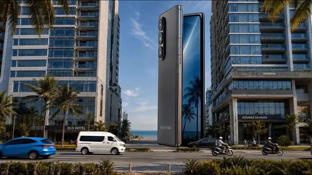 Rear three-quarter view of the Galaxy Z Fold at building scale as it begins to open, revealing a glowing screen edge.