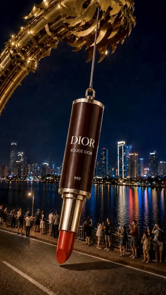 Close view of the monumental Rouge Dior 999 lipstick above the bridge roadway