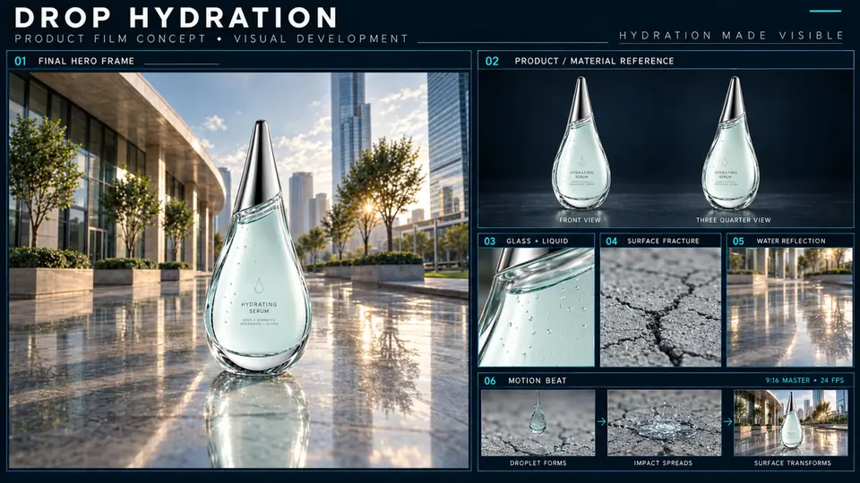 DROP Hydration visual development sheet showing the hero frame, product references, and motion beats