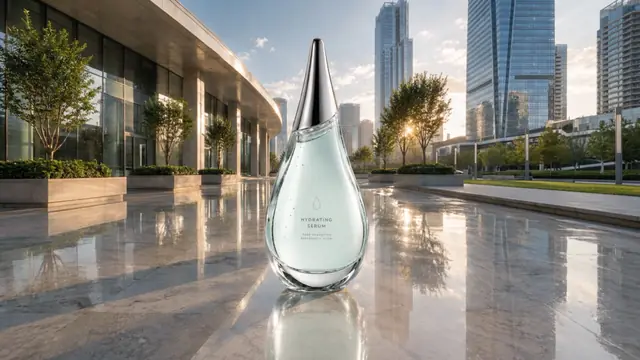 DROP Hydration serum bottle standing on a reflective plaza with the city skyline behind it.