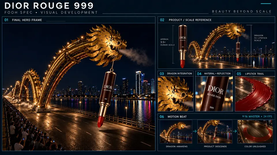 Dior Rouge 999 visual development sheet showing the hero frame, scale references, and motion beats