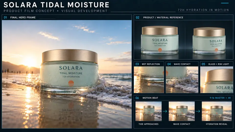 Solara Tidal Moisture visual development sheet showing the hero frame, product references, and motion beats