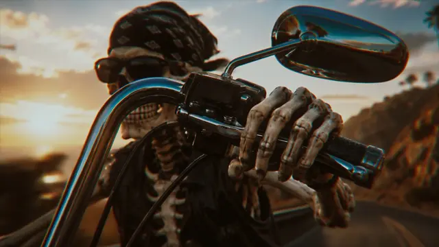 Close composition of the skeletal rider's hand on the handlebar, with mirror and bandana-clad skull at golden hour.