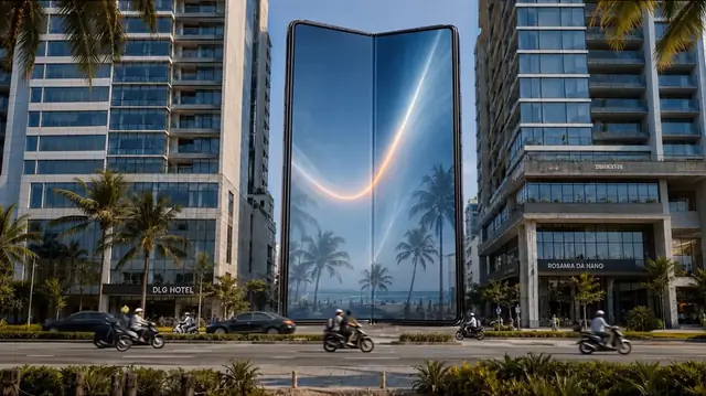Fully open Galaxy Z Fold hero view with the beach and palm world glowing across the unfolded screen above the street.